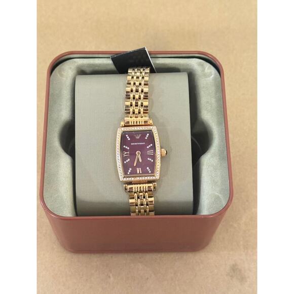 Emporio Armani AR11488  Two Hand Diamonds Burgundy Dial Rose Gold Steel Strap